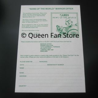 Queen News Of The World Mirror 1977 Fan Club Merchandise Sheet Order Form