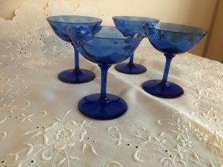 Set Of 4 Vintage Diamond Optic Cobalt Blue Glass Wine Cocktail Stemware 5”