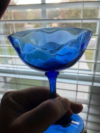 Set of 4 Vintage Diamond Optic Cobalt Blue Glass Wine Cocktail Stemware 5” 2