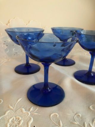 Set of 4 Vintage Diamond Optic Cobalt Blue Glass Wine Cocktail Stemware 5” 3
