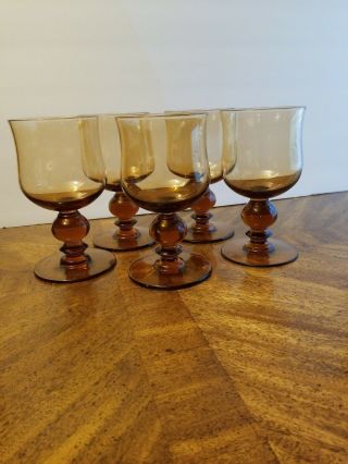Rare Set Of 5 Vintage Amber Pressed Glass 6.  5 " Goblets Wine Or Water Glasses 12oz