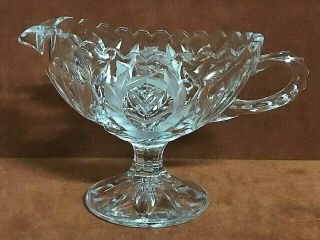 Vintage Cut Glass Gravy Boat Pedestal Base Saw Tooth Edge Frosted Laurel Wreath