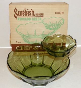 Vintage Anchor Hocking Avocado Green Glass Chip And Dip Set Swedish Modern 3pc