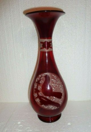 Vintage Large Bohemian Czech Ruby Red Hand Blown Art Glass Etched Vase Bird