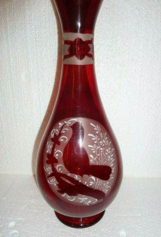 Vintage Large Bohemian Czech Ruby Red Hand Blown Art Glass Etched Vase Bird 2