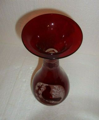 Vintage Large Bohemian Czech Ruby Red Hand Blown Art Glass Etched Vase Bird 3