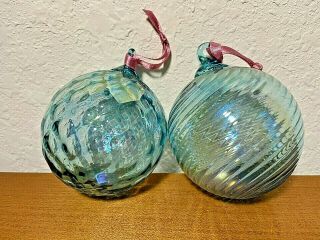 2 Hand Blown Art Glass Witch Ball Ornaments Aqua Turquoise Teal Diamond Swirl