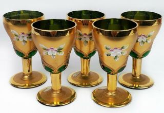 5 Vtg Bohemian/czech Art Glass Hand Painted Gold & Flowers Cordial/shot Glasses