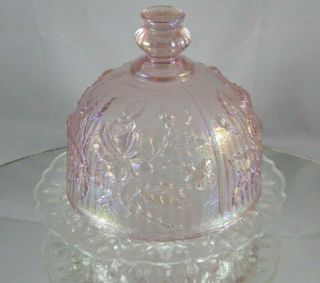 Vintage Lenox Imperial Pink Carnival Glass Dome Lid Round Butter Dish Clear Base