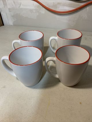 Set Of 4 Corelle Stoneware Urban Red Coffee Mugs Cups White With Red Rim 10 Oz.
