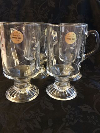 Princess House Etched Crystal " Heritage " Irish Coffee Mugs Cups Set Of 4 -