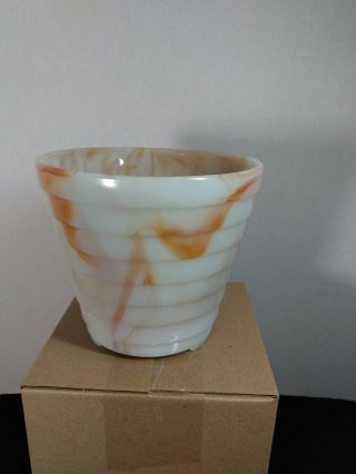 Vintage Agate Slag Glass Orange Swirl Art Deco Ribbed Planter Vase Made In Usa