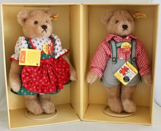 Nib Steiff Teddy Bears Boy Lederhosen Ean 0276/28 Girl Dirndl Dress Ean 0275/35