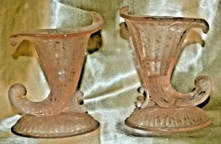 Pair (2) Fenton Glass Ming Pink Cornucopia Taper Candle Holders 6 " Tall