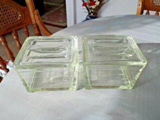 Set (2) Vintage Glasbake Art Deco Clear Tinted Glass Covered Refrigerator Dishes 2