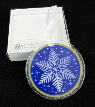 Peggy Karr Fused Glass Round Dark Blue Snowflake 3 " Ornament Suncatcher - Signed