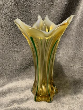 Hand Blown Murano Style Art Glass Swung/stretched Vase 12” Tall.  Yellow/striped
