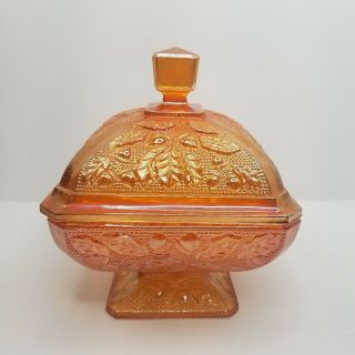 Vintage Carnival Glass Covered Dish Bowl Footed Orange Textured Lid