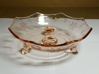 Vintage Pink Depression Glass 3 Footed Octagon Candy Dish Etched Flower Pattern