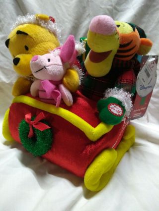 Vintage Winnie The Pooh & Friends In Dancing Sleigh Disney Store Plush Musical