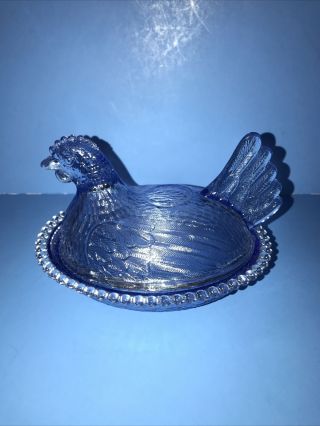 Vintage Indiana Glass Light Blue Chicken Hen On Nest Covered Candy Dish