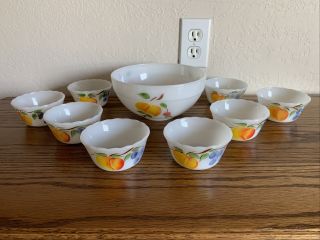 Vintage Fire - King Gay Fad Serving Bowl With 8 Matching Custard Cups
