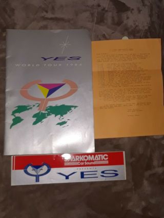 Yes 1984 9012 Live World Tour Concert Program Book,  Bumper Sticker & Letter