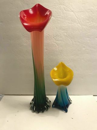 2 Vtg.  Murano Art Glass Jack In The Pulpit Vases - 1 Tall,  1 Small,  Both Differn