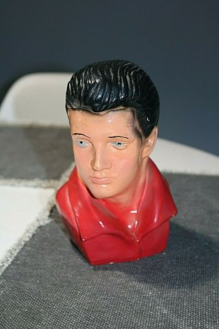 Vintage Chalkware Bust Bank Of Elvis Presley In Red Shirt