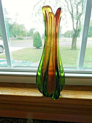 Vintage Murano Glass Vase Sommerso Green And Maroon Ribbed W Label Mcm