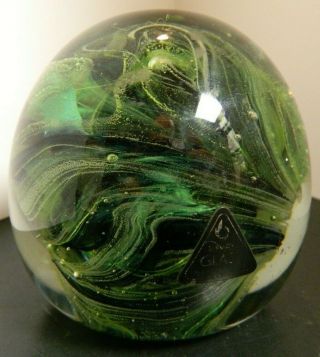 Vintage Kerry Green & Black Swirl Art Glass Globe Paperweight 2.  75 " X 2 " Excell