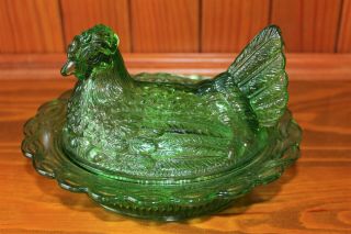 Vintage Hen On Nest Bright Green Carnival Glass Covered Dish