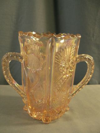 L.  G.  Wright Pink Carnival Glass Handled Spooner Vase - Thistle Pattern