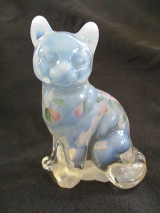 Fenton Hand Painted White Opalescant Cat,  Signed A.  Meek,