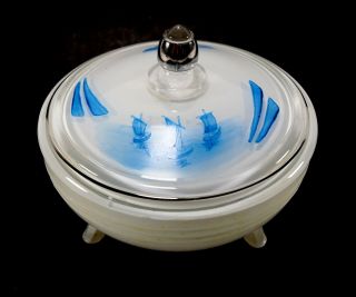 Vintage Reverse Painted Nautical Ship Boat Indiana Glass Co.  Candy Dish W/ Lid
