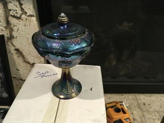 Indiana Glass Carnival Glass Covered Candy Dish - Iridescent Blue Harvest Grape