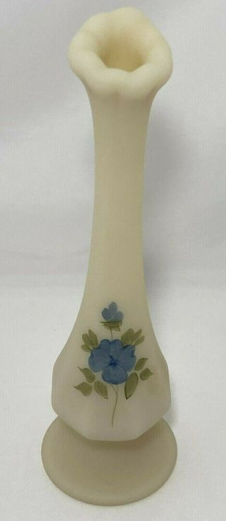 Fenton Custard Glass Hand Painted Floral Blue Rose Bud Flower Vase Bottom Signed