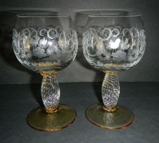 2 Amber Theresienthal - Pieroth Rare Wheat Pattern - Hand Blown German Wine Glasses