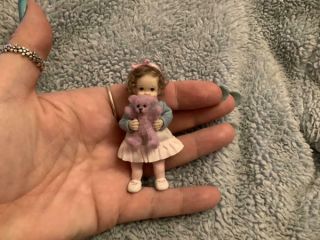 Miniature Handmade Mini Baby Girl Toddler & Teddy Bear Toy Ooak Dollhouse Doll