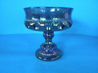 Vintage Footed Blue Iridescent Carnival Glass Bowl Candy Dish Thumbprint Design