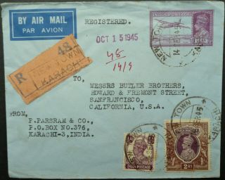 India 14 Sep 1945 Registered Airmail Cover From Karachi To San Francisco,  Usa