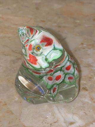 Vintage Art Glass Murano Millefiori Paperweight Frog Red Green Flowers 2x1.  75”