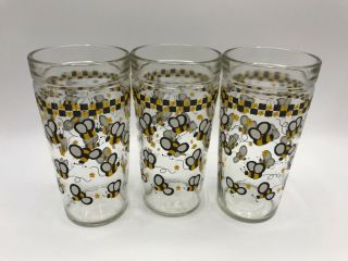 Set Of 3 Vintage Anchor Hocking Golden Harvest Bumble Bee Glass Tumblers 6”