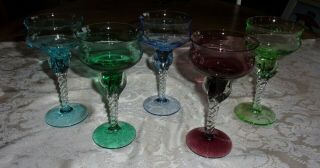 Vintage Set Of (5) Elegant Twisted Stemmed Wine Glasses (5 Colors) 6 1/2 "
