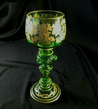 Antique Victorian Czech Bohemian Moser Enamel Art Glass Hock Goblet Green Gold