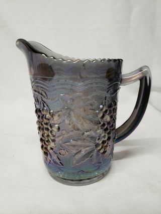 Vintage Imperial Pitcher,  Blue Iridescent Carnival Glass With Grape Pattern