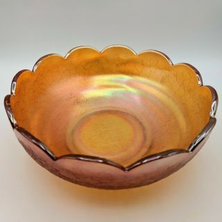 Vtg Jeannette Marigold Carnival Glass Bowl Crackle Design Scalloped Rim 2