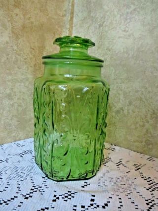 Vintage Le Smith Atterbury Scroll Green Glass 9 " Canister Storage Jar W/lid Euc