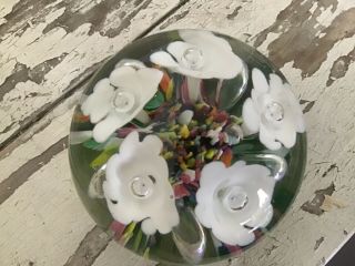 Vintage Maude And Bob St.  Clair 1974 White Trumpet Flower Art Glass Paperweight