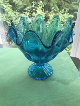 Vintage Blue L E Smith Swung Glass Handkerchief Vase 12 1/2 "